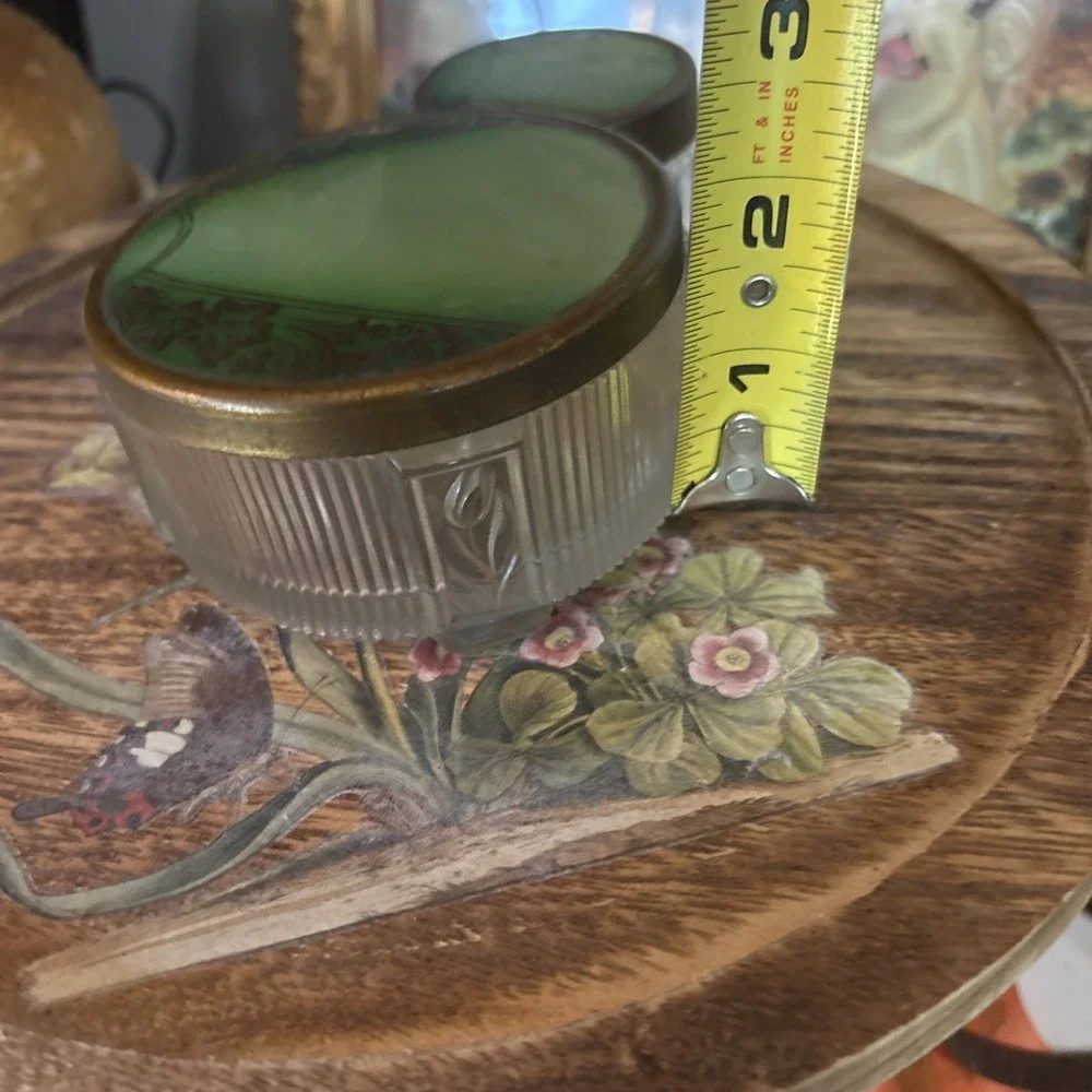 Vtg 2pc Art Deco Glass Vanity Jar Set w/ Floral Celluloid Lids 1940s/50s